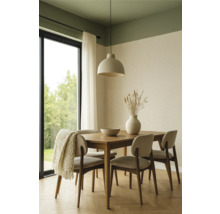 Salle à manger avec table en bois, chaises, suspension et décorations dans une pièce lumineuse