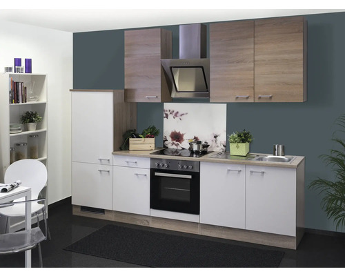 Küchenzeile ohne Geräte Flex Well Samoa 270 cm Frontfarbe weiss sonoma eiche - Korpusfarbe sonoma eiche 00009156