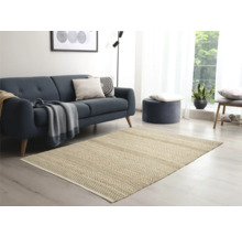 Salon avec canapé, tabouret et tapis à chevrons