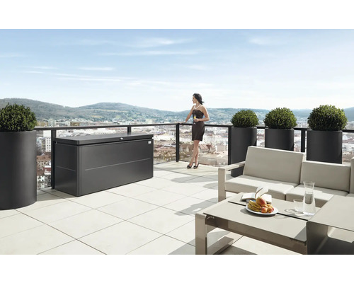 Boîte de rangement biohort LoungeBox 200, 200x84x88.5 cm gris foncé métallique Terrasse avec coffre de rangement, bacs à plantes et salon de jardin