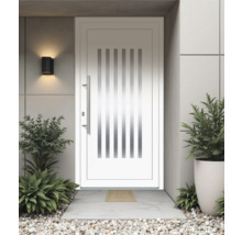 Weisse Haustür mit vertikalen Streifen und Edelstahlgriff vor Hausfassade mit Pflanzen