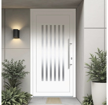 Weisse Haustür mit senkrechten Streifen und Edelstahlgriff neben Pflanzen.