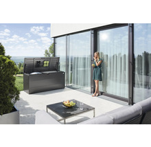Extérieur avec coffre de rangement ouvert, table et femme