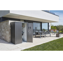 Armoire à outils avec barbecue, étagères et outils sur une terrasse