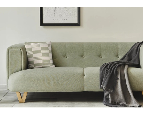 Canapé clair avec coussin et couverture dans le salon