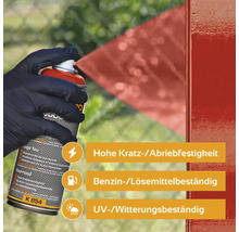 Sprühfarbe wird auf Metall gesprüht. Informationen zu Kratzfestigkeit, Benzinbeständigkeit und UV-Beständigkeit