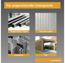 Materialübersicht: Metall, Eisen, Stahl, verzinkter Stahl, Aluminium und Holz.