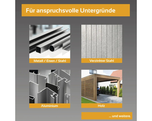 Materialübersicht: Metall, Eisen, Stahl, verzinkter Stahl, Aluminium und Holz.