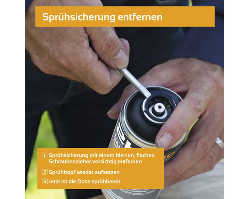 Entfernen der Sprühsicherung mit einem Schraubenzieher an einer Sprühdose.