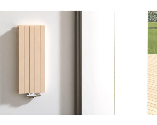 Radiateur design ROTHEIGNER PANEL 900 x 366 mm beige raccord en bas au centre Radiateur mural dans une pièce avec vue sur le jardin