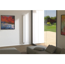Modernes Wohnzimmer mit Designheizkörper und Kunstwerken