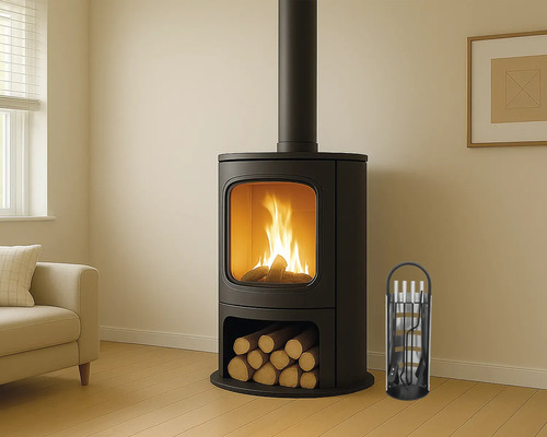 Salon avec poêle à bois, bois de chauffage et serviteur de cheminée