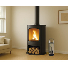 Poêle à bois avec bois et serviteur de cheminée dans une pièce lumineuse