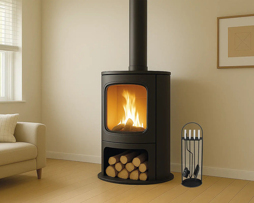 Poêle à bois avec bois et serviteur de cheminée dans une pièce lumineuse