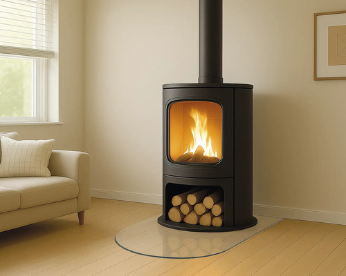 Rotheigner Glasbodenplatte halbrund 100 x 120 cm 8 mm stark mit 20 mm Fase Kaminofen im Wohnzimmer mit Holzscheiten