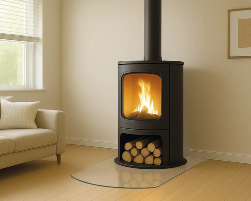 Kaminofen mit Brennholz und Glasbodenplatte in einem hellen Raum.