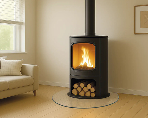 Kaminofen mit Holzscheitlager und Glasbodenplatte in einem Wohnzimmer.