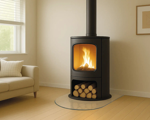 Rotheigner Glasbodenplatte halbrund 100 x 100 cm 8 mm stark mit 20 mm Fase Kaminofen mit Holzscheiten im Wohnzimmer
