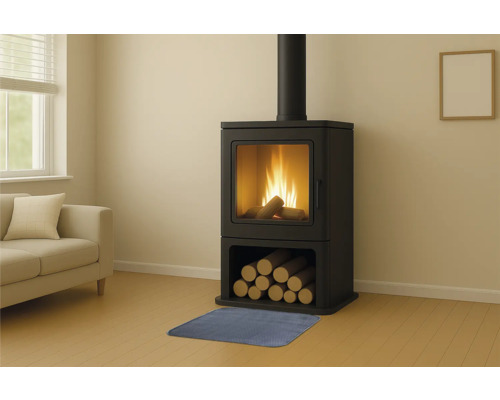 Salon avec poêle à bois, bûches et tapis de cheminée