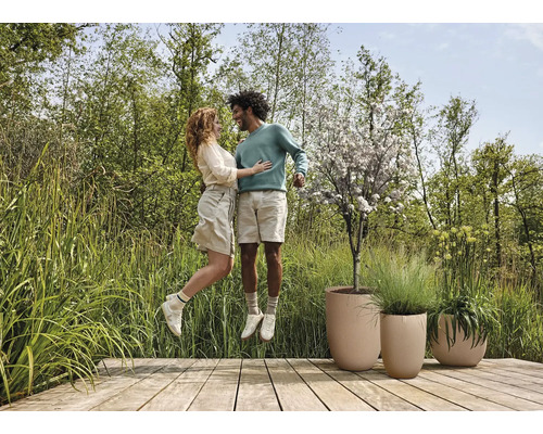 Un couple saute en l''air sur une terrasse en bois à côté de bacs à plantes, avec des arbres en arrière-plan.
