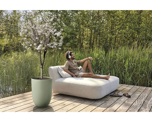 Coin de jardin relaxant avec arbre en fleurs en pot et homme allongé sur un lit de jardin.