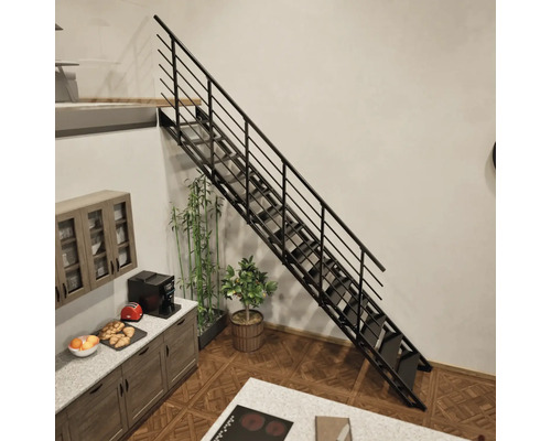 Innenaufnahme eines Wohnraums mit einer schwarzen Treppe, einer Küchenzeile und Zimmerpflanzen.