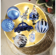 Dekorative Weihnachtskugeln mit den Motiven Weihnachtsmann, Auto und Schneemann