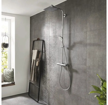 Salle de bains avec robinetterie de douche avec douche de tête et douchette à main et porte-serviettes