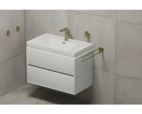 Meuble-lavabo avec deux tiroirs, robinetterie, distributeur de savon et porte-serviettes