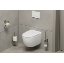 Wandhängende Toilette mit Toilettenpapierhalter, Ersatzrollenhalter und Toilettenbürste in modernem Badezimmer