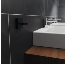 Salle de bains avec deux lavabos, robinets et crochet pour serviettes