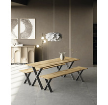 Salle à manger avec table en bois et deux bancs sur pieds en métal en forme de X