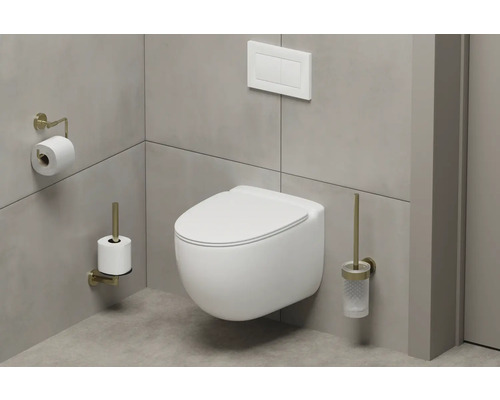 WC suspendu avec porte-papier toilette, brosse de toilette et plaque de commande dans une salle de bains moderne