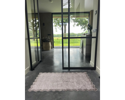 Flur mit Teppich, Glastür und Außensicht.