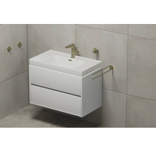 Meuble-lavabo avec deux tiroirs, robinetterie, porte-serviettes et distributeur de savon dans la salle de bain