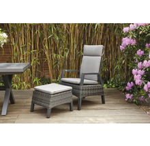 Scène de jardin avec fauteuil relax et tabouret sur une terrasse