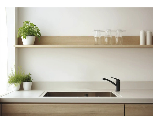 Küchenspüle mit Armatur, Arbeitsplatte und Regalen im modernen Stil.