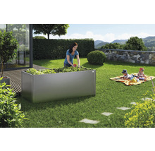 Scène de jardin avec potager surélevé, femme récoltant des légumes, enfants jouant sur une couverture dans le jardin.