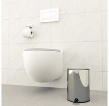 WC suspendu avec plaque de commande, porte-papier toilette et poubelle à pédale dans une salle de bains.