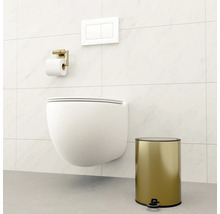 Modernes Badezimmer mit wandhängendem WC, Toilettenpapierhalter und Treteimer