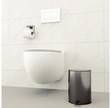 Image d''un WC suspendu, d''un porte-papier toilette, d''une plaque de commande et d''une poubelle à pédale dans une salle de bains carrelée.