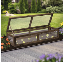 Holzfrühbeet mit geöffnetem Deckel im Garten