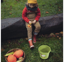 Gartenszene mit Kind, Gemüsekorb und grünem Eimer