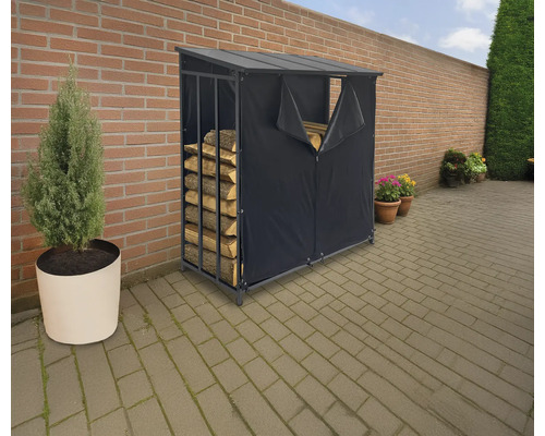Étagère de stockage du bois avec couverture pour le stockage extérieur du bois de chauffage.