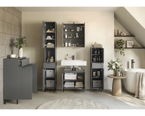 Badezimmer mit Waschbecken, Spiegelschrank und grauen Badmöbeln zur Aufbewahrung