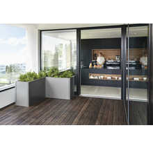 Balcon avec jardinière, plancher en bois et cuisine ouverte