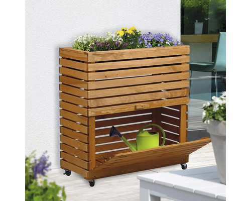 Blumenkasten aus Holz mit Stauraum und Giesskanne