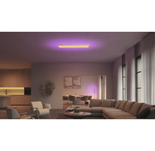 Wohnzimmer mit Deckenleuchte, Sofa und Essbereich
