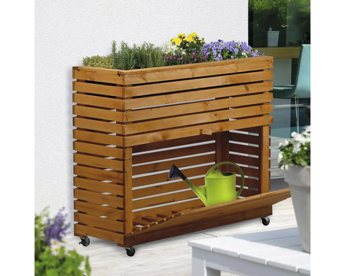 Hochbeet aus Holz mit Stauraum und Bewässerungskanne