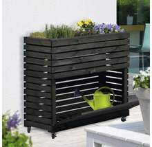 Hochbeet aus Holz mit Rollen, inklusive Ablage und Bewässerungskanne.